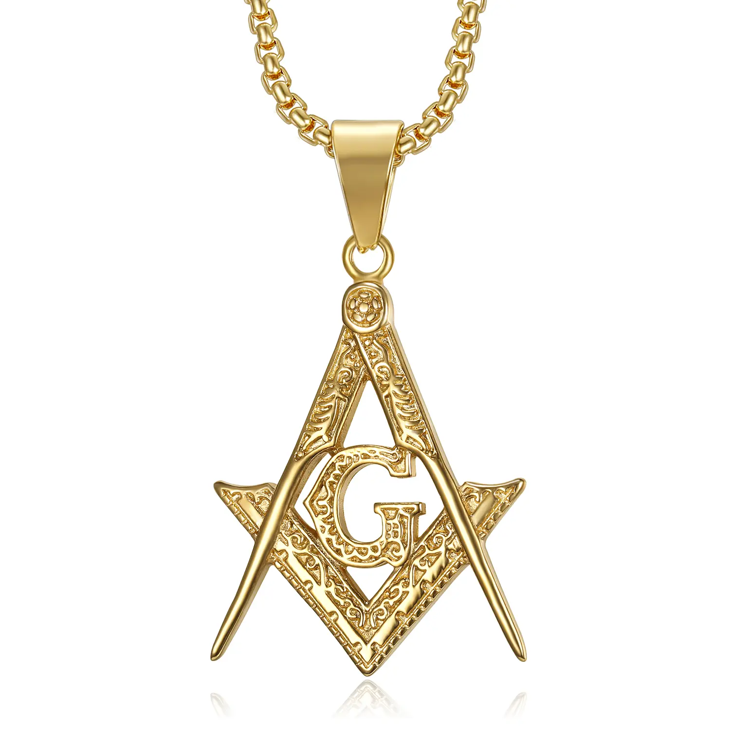 18K Gold Plated Freemason Symbol Pendant Stainless Steel Necklace for Men, 24 inch Chain Masonic Hip Hop Jewelry Gift