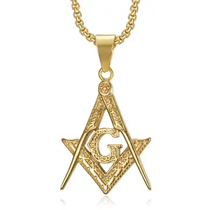 18K Gold Plated Freemason Symbol Pendant Stainless Steel Necklace for Men, 24 inch Chain Masonic Hip Hop Jewelry Gift