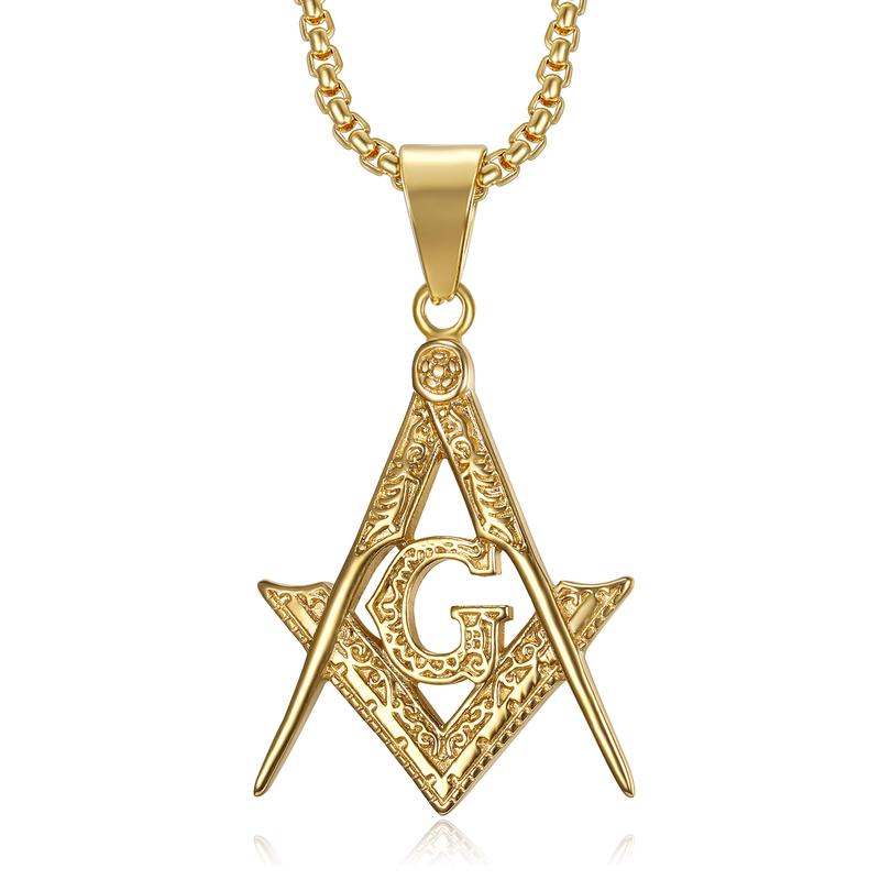 18K Gold Plated Freemason Symbol Pendant Stainless Steel Necklace for Men, 24 inch Chain Masonic Hip Hop Jewelry Gift Necklace And Chain Fashion Necklace