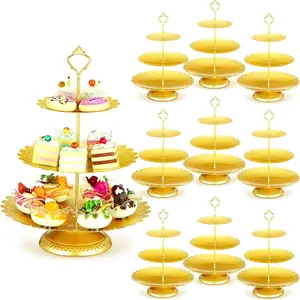 10 Pcs Lightweight Artistic 3-Layers Gold Metal Cupcake Stands Bulk, Durable Stainless Steel 3-Tier Cake Display Tower, Pastry Dessert Holder for Home Wedding Party Decoration Organiser Racks (Fruit, Cookie Compatible)
