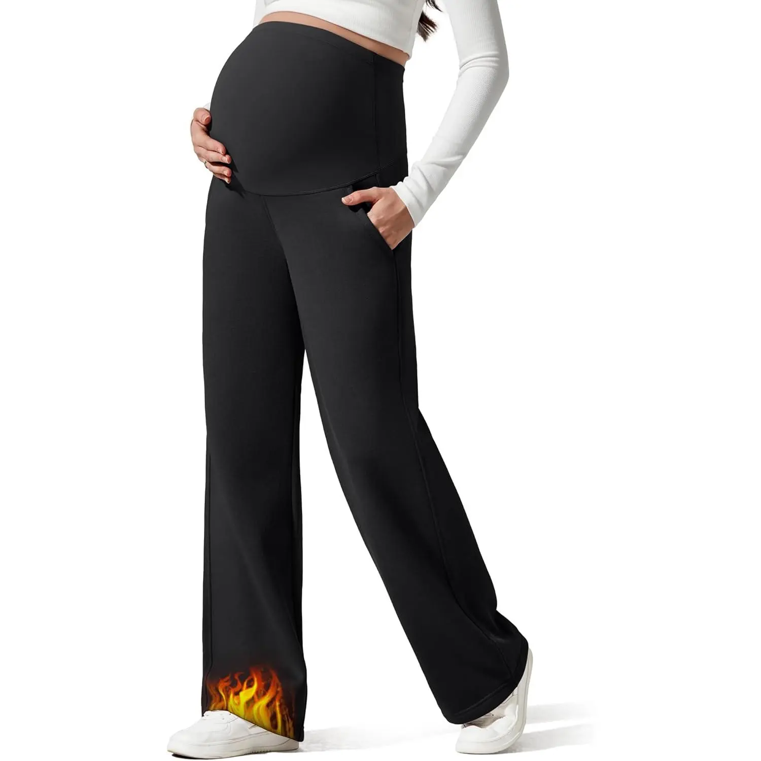 Women's Cotton Fleece-Lined Warm Stretch Maternity Wide Leg Pants - Over-The-Belly, Expandable Everyday Pregnancy Sweatpants
