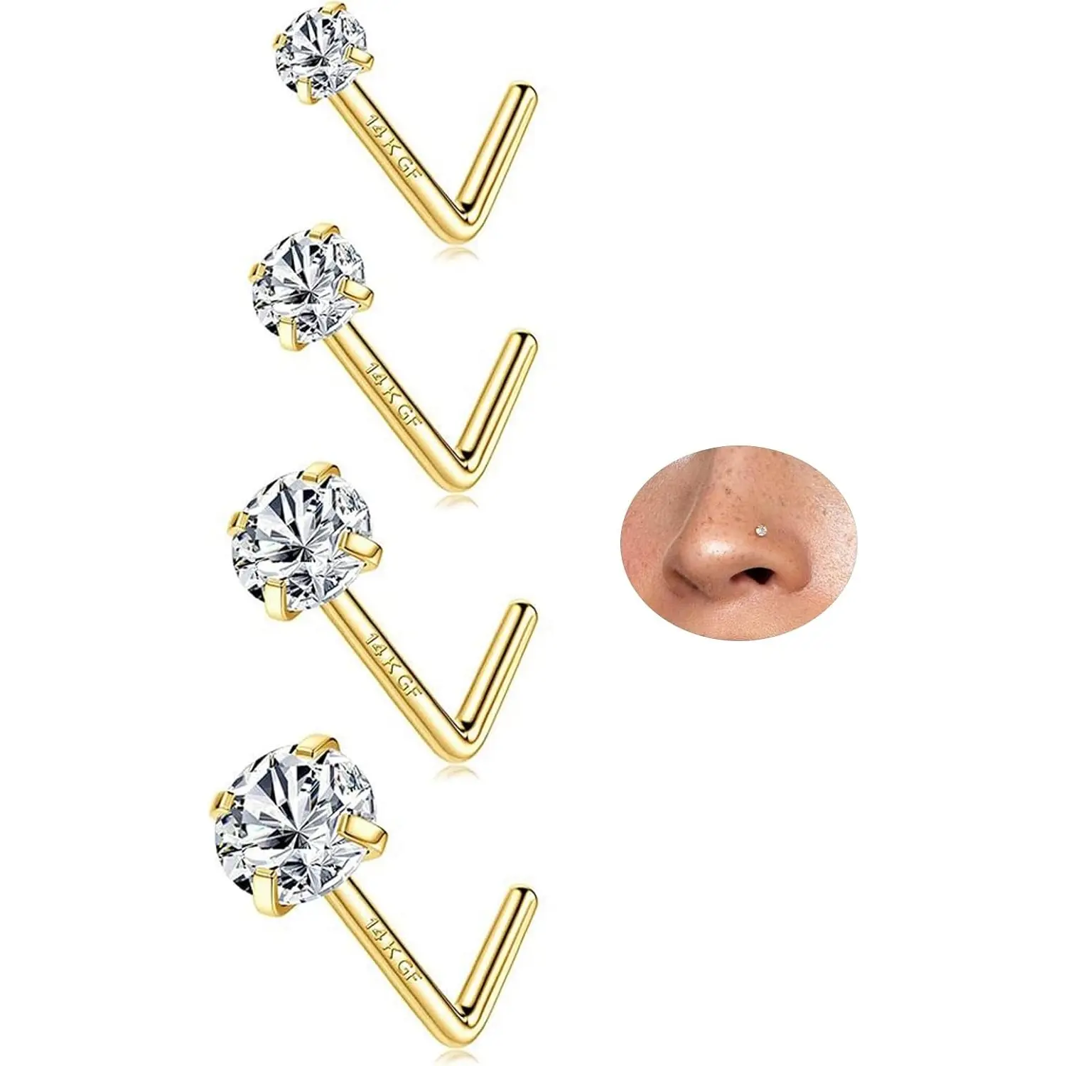 ZELORES 5PCS Unisex 20G High-Polish Gold-Plated 316L Stainless Steel Nose Piercing Jewelry - Push-In Flat Back, Straight, L-Shaped Studs, Hoops, Cartilage Earrings for Women (1.5-3mm Sizes, Casual Daily Use), Gold-Plated Piercing Jewelry