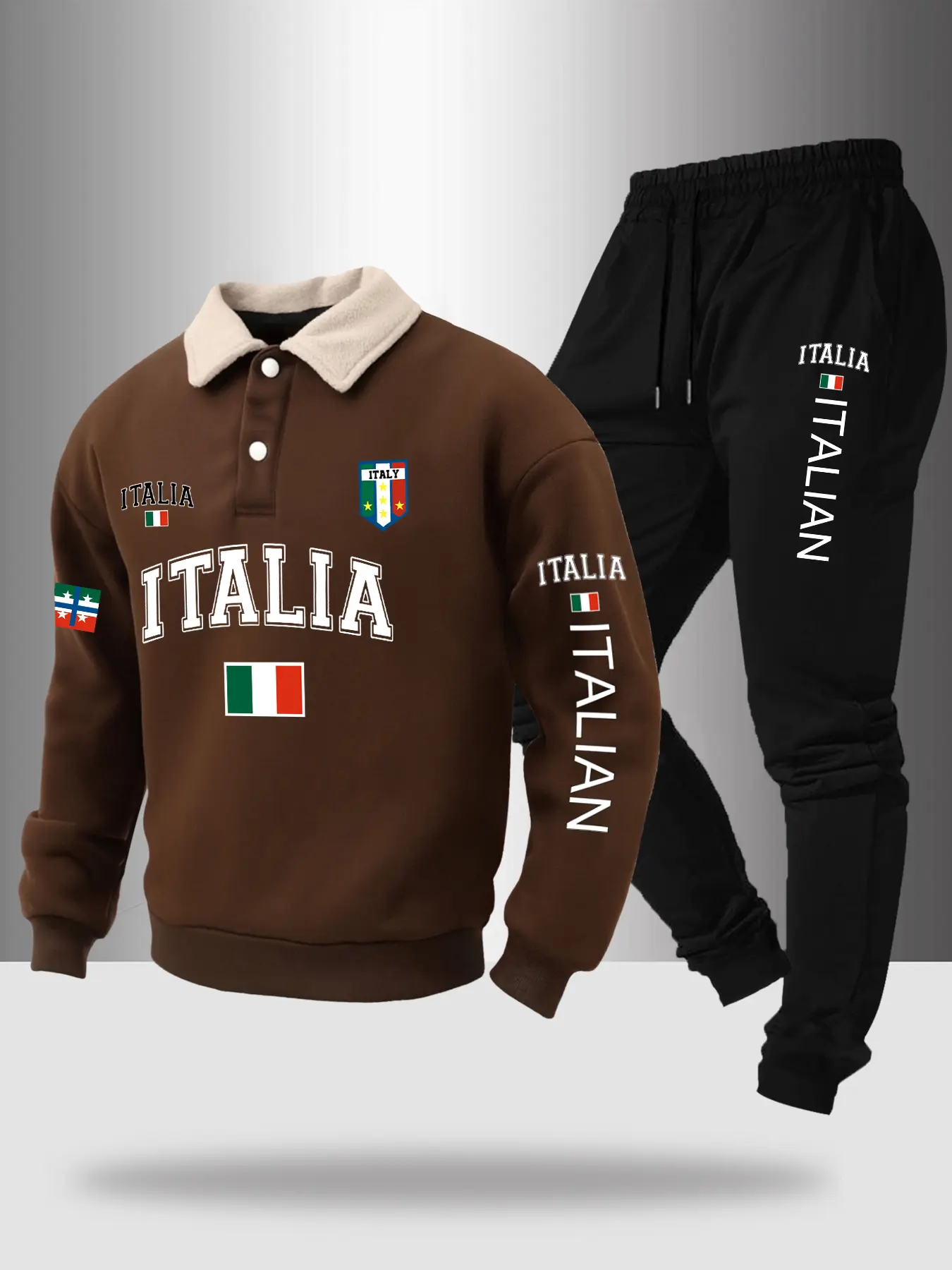 Men's Fall Winter Polo Neck Sweatshirt Set, Letter Flag Print Fleece Half Button Hoodie + Drawstring Casual Sport Pants, 2 Piece Pack
