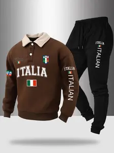 Men's Fall Winter Polo Neck Sweatshirt Set, Letter Flag Print Fleece Half Button Hoodie + Drawstring Casual Sport Pants, 2 Piece Pack
