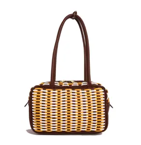 H242-New elegant fashion woven handbag women's color contrast one shoulder sling pillow bag