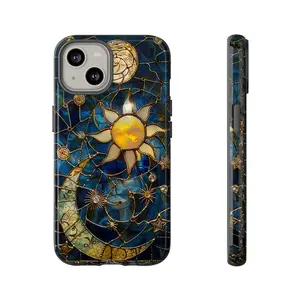 Celestial Stained Glass Moon and Stars Printed Tough Phone Case, Faux Stained Glass Starry Night Sky Design Phone Cover for iPhone 11-16.