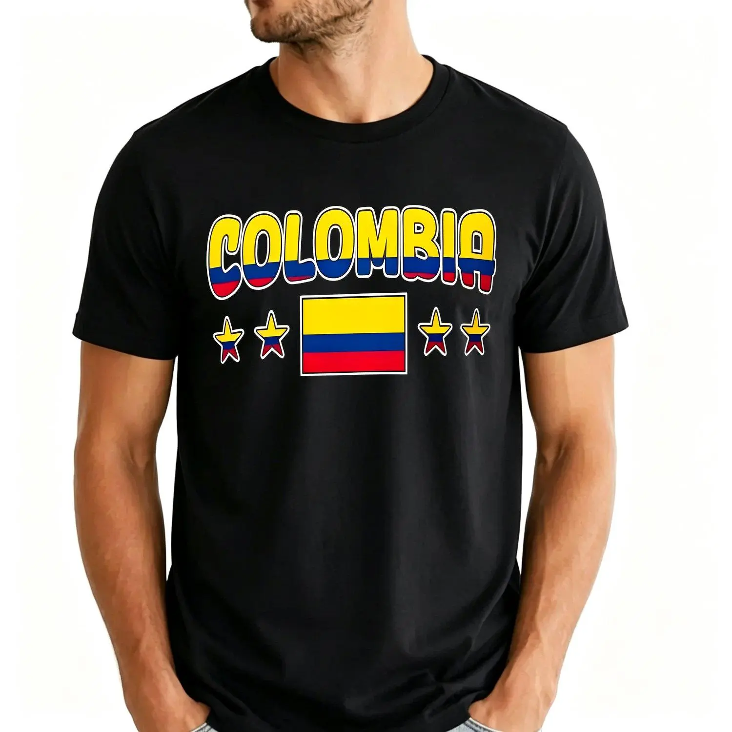 Men's Short Sleeve Sports T Shirts Retro Colombia Text Flag Graphic Shirt Colombia Pride Flag Color Star Design Gift For Colombians