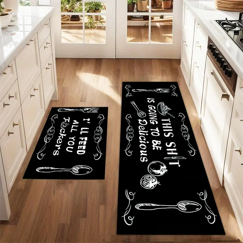 2Pcs Knife Fork Tableware Text Floor Mat Set Pumpkin Abstract Art Sketched Printed Carpet Farmhouse Anti Fatigue Kitchen Carpet Anti Slip Washable Kitchen Restaurant Floor Sink Laundry Room Decoration Carpet Mat Kitchen Rugs Sets