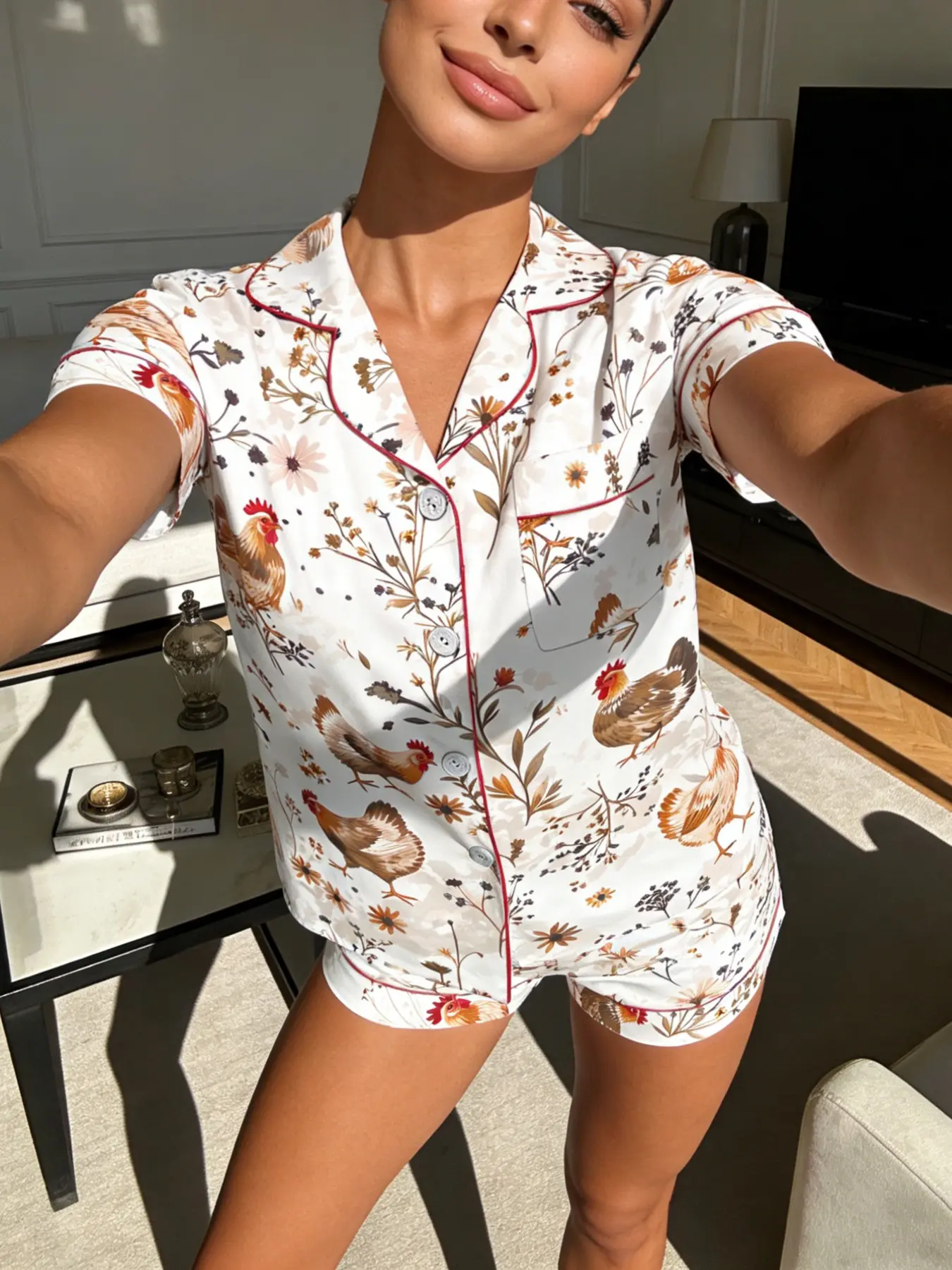 Women's Watercolor Floral Chicken Pajama Set Pjs Pyjamas Nightwear, Short Sleeve Shorts Lapel Cardigan Homewear Two-Piece, Cute Fitted All Seasons Loungewear