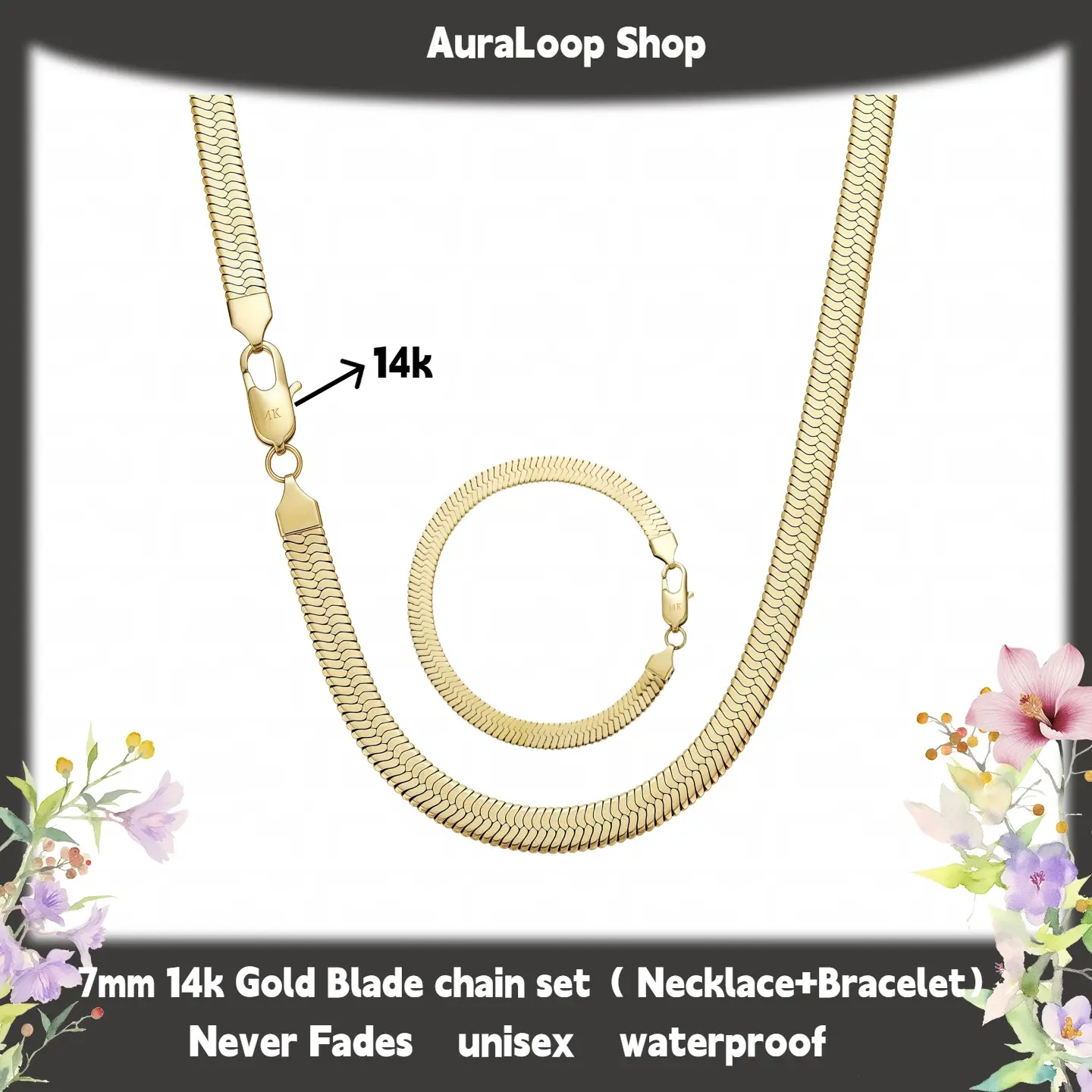 AuraLoop Shop 14K Gold Snake Chain Necklace & Bracelet Set Waterproof Durable Long-Lasting Color Versatile Styling for All Occasions Unisex