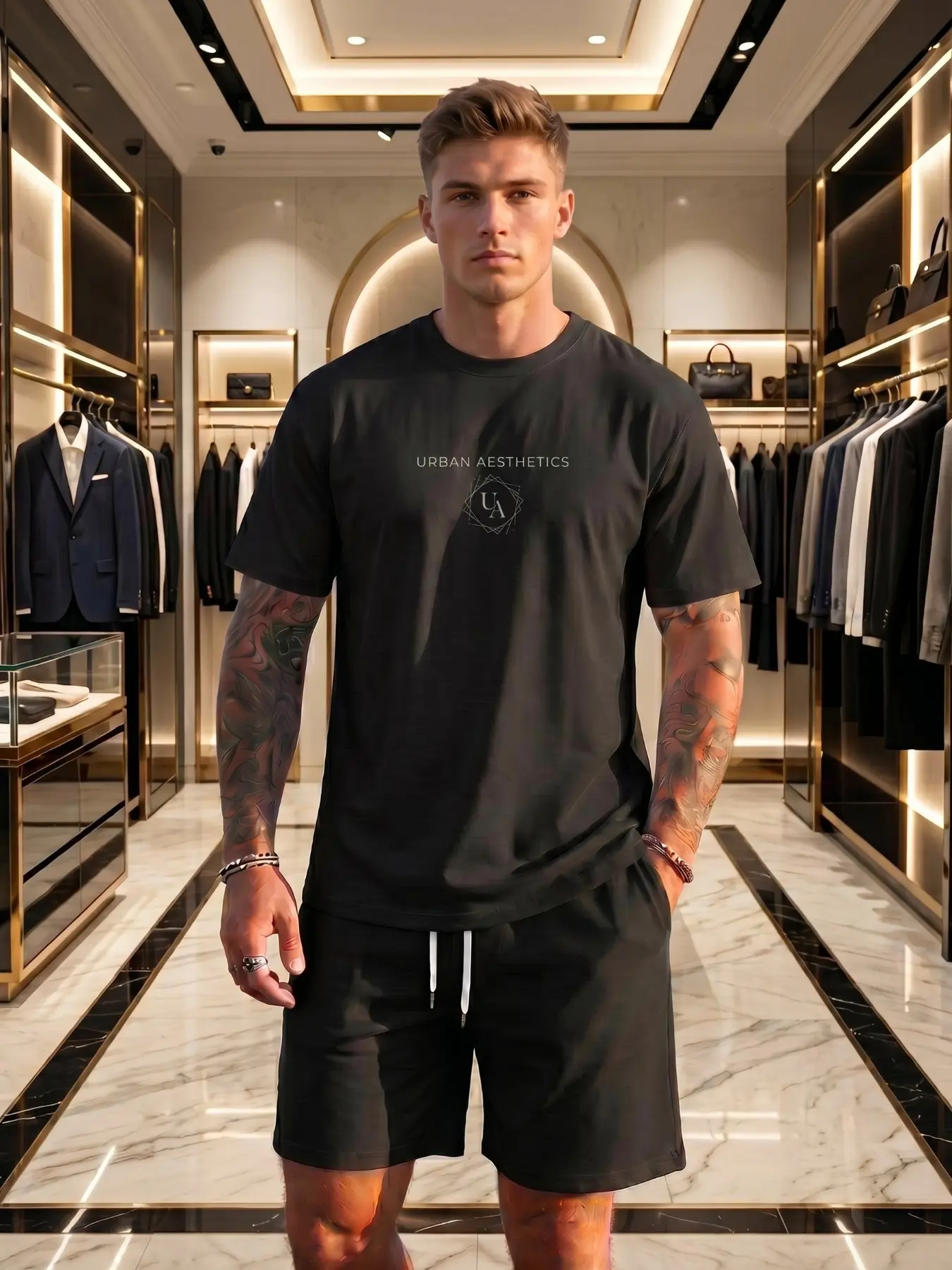 Men's 2 Piece Outfit, Urban Aesthetics Printed Short Sleeve Crew Neck T-Shirt + Drawstring Shorts Set, Sleek Streetwear, Breathable & Stretchy, Perfect for Daily Wear, Casual Outings, Summer Essentials for Young Men, Clothes