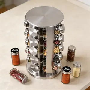 5-Layer Cylindrical Stainless Steel Rotating Spice Rack with 20 Jars, Kitchen Countertop Organizer for Easy Spice Access and Storage (Silver)