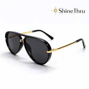 ShineThru Women's Aviator Sunglasses, Designer Full Rim UV400 Protection Lens Eyewear, Gold Trim Black Frame, Fashionable Unisex Female Shades