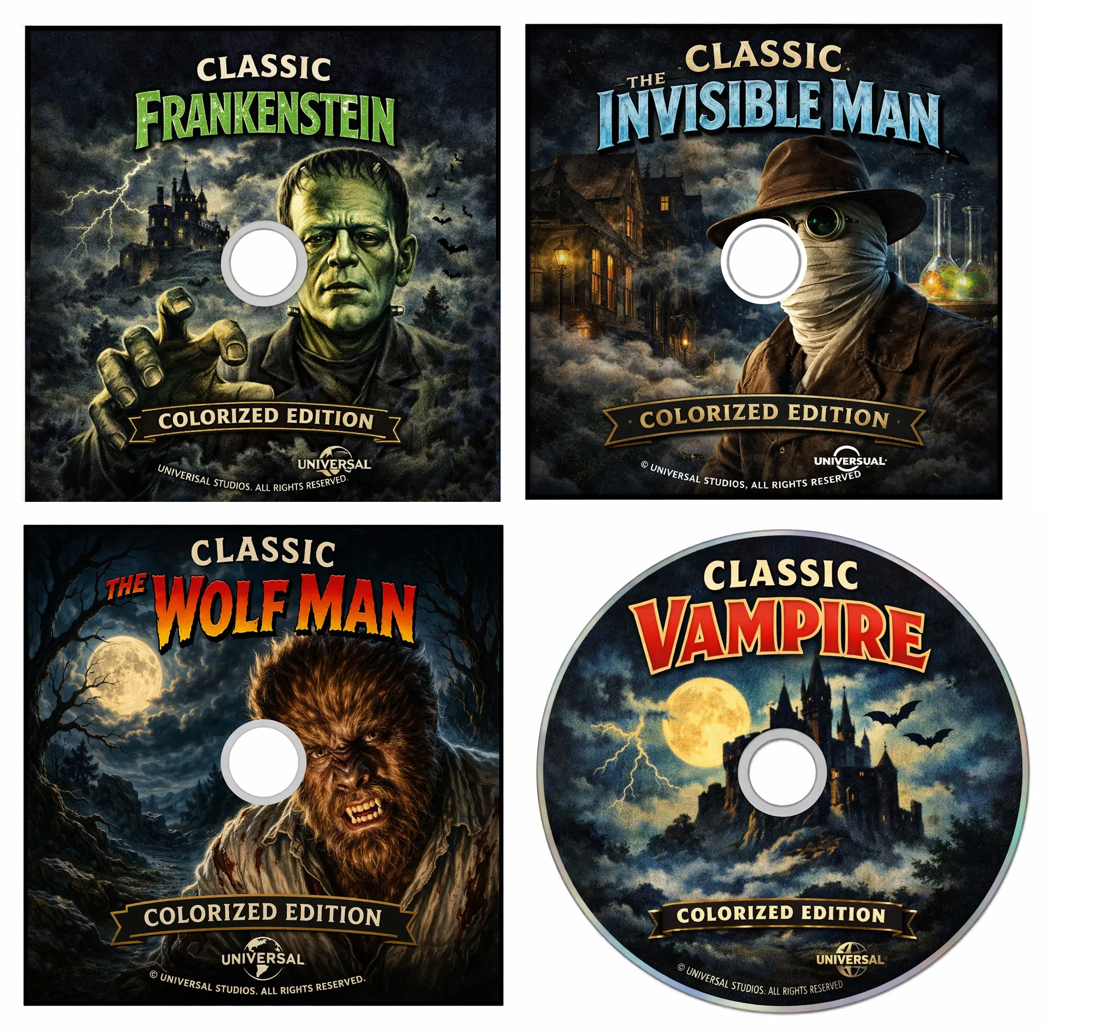 4 "colorized" dvd movies, Frankenstein, Dracula, Invisible Man, Wolf Man