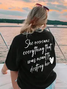 Women's Letter & Heart Print Round Neck Tee, Trendy Casual Comfy Classy Graphic Short Sleeve T-Shirt for Daily Wear, Ladies Clothes for All Seasons