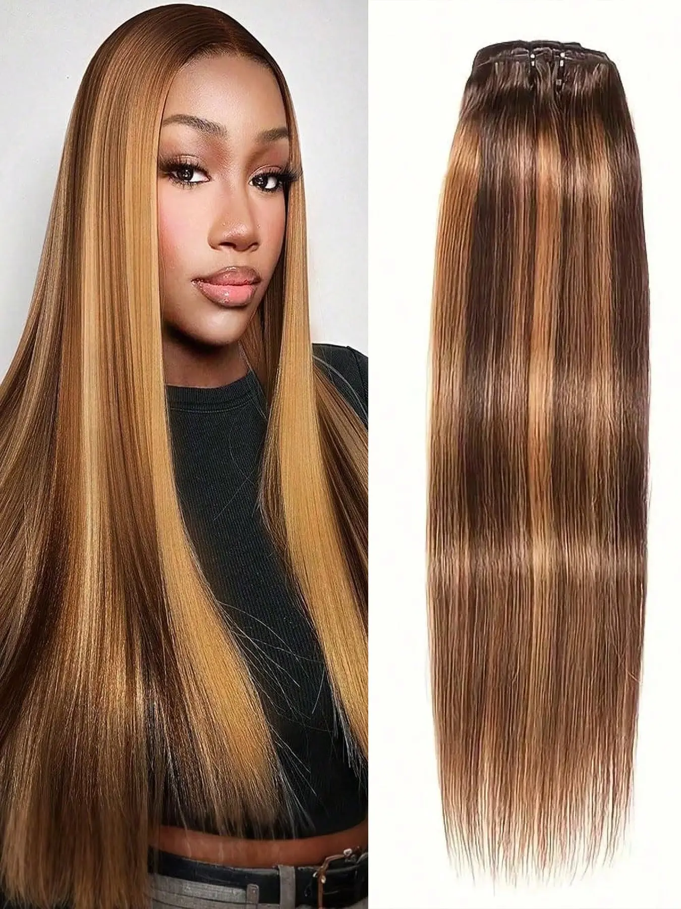 8-Piece Seamless Glueless Clip In Human Hair Extensions, Natural Straight Hair Bundles, Color Code 4/27, Easy Installation, Women's Daily Use, Real Hair Extensions