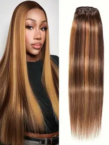 8-Piece Seamless Glueless Clip In Human Hair Extensions, Natural Straight Hair Bundles, Color Code 4/27, Easy Installation, Women's Daily Use, Real Hair Extensions