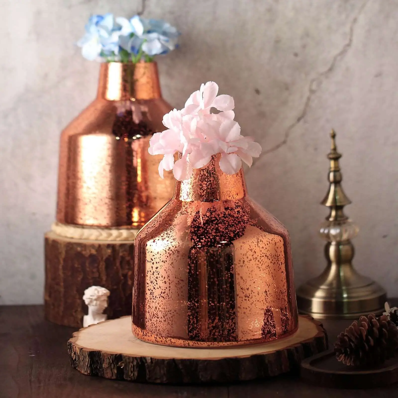 2-Pack Mercury Glass Vases Vessel Design 8" Rose Gold - Decorative Floral Wedding Centerpieces