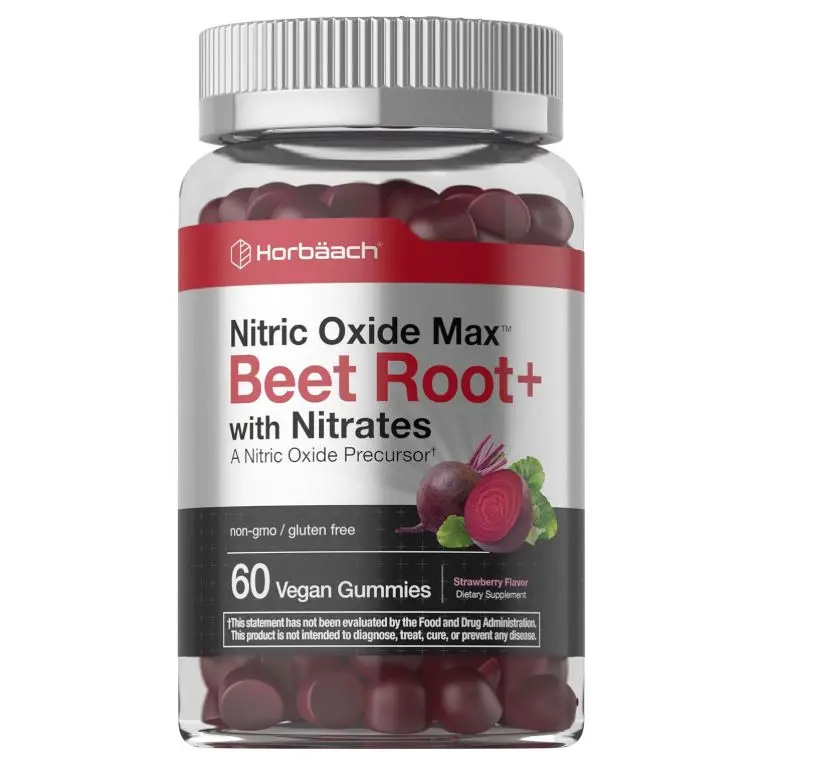 Horbäach Nitric Oxide Beet Root Gummies | 60 Chews | with Nitrates, Vitamin C & Black Pepper | for Men & Women | Strawberry Flavor | Vegan, Non-GMO, Gluten Free Supplement