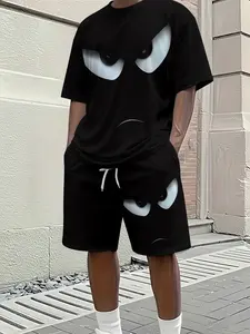 Men's 3D digital printing two-piece set, trendy and fun expression set, men's T-shirt, short-sleeved shirt and shorts combination, trendy casual two-piece set, beach vacation style, lightweight and breathable sporty casual style.