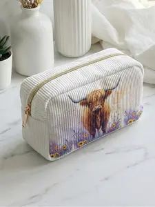 1 piece of 2D printed makeup bag with Highland cow watercolor pattern, large capacity design | suitable for all seasons and occasions | fits daily skincare and various cosmetics | perfect for life and travel