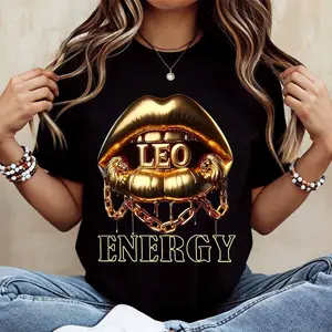 Golden Lips Leo Zodiac Sign Print T Shirt Casual Short Sleeve Top For Everyday Wear And Leisure Activities