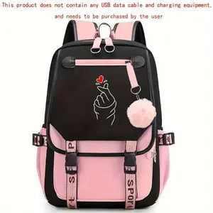 Casual Heart Print Backpack with USB Port - Large Capacity School Bag, Adjustable Shoulder Straps & Pink Accents, Durable Polyester for College, Travel, Daily Commute (Black), Travel Backpack, Casual Backpack |   Heart Print Design |