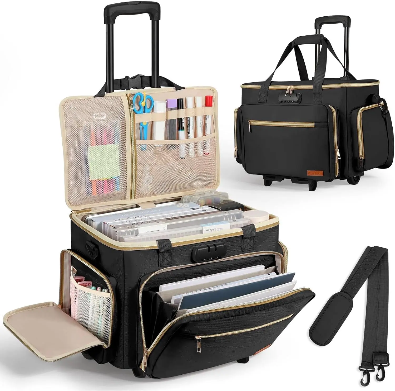 Housolution Rolling Teacher Bag with Wheels, Fits for 17" Laptop, Teacher Tote Bag with Detachable Trolley, Laptop Work Case with Anti Theft Lock, Briefcase Cart with Accordion File Organizer, Black