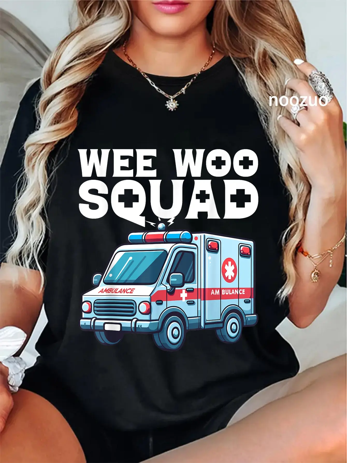 Women's 100% Cotton Casual Everyday Graphic Round Neck T-Shirt, Funny Wee Woo Squad Ambulance AMR EMS EMT Paramedic Tops, Ambulance Theme, Playful Look, Short Sleeves, Vintage