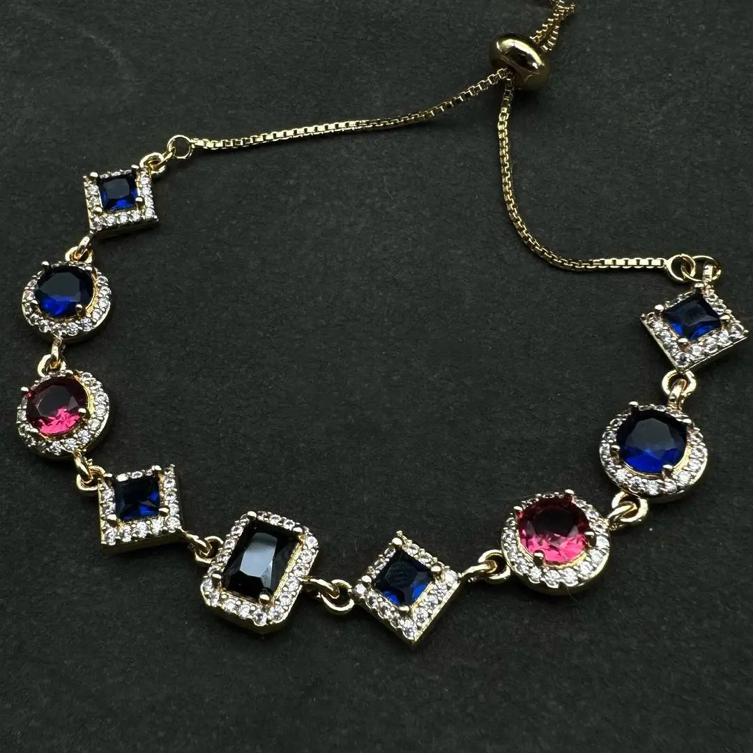 Unisex Adjustable Gold-Plated Cubic Zirconia Bolo Bracelet - Multi-Shape Blue & Pink Crystals, Luxury Fashion Costume Jewelry Accessory
