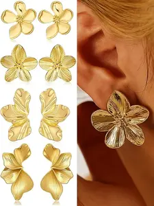 4 Pairs Chunky Gold Flower Dangle Earrings for Women, Gold Plated Irregular Leaf Floral Big Statement Earrings Set, Trendy Jewelry