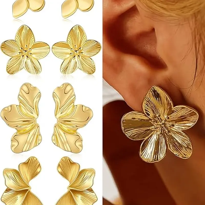 4 Pairs Chunky Gold Flower Dangle Earrings for Women, Gold Plated Irregular Leaf Floral Big Statement Earrings Set, Trendy Jewelry, Dangling Earrings
