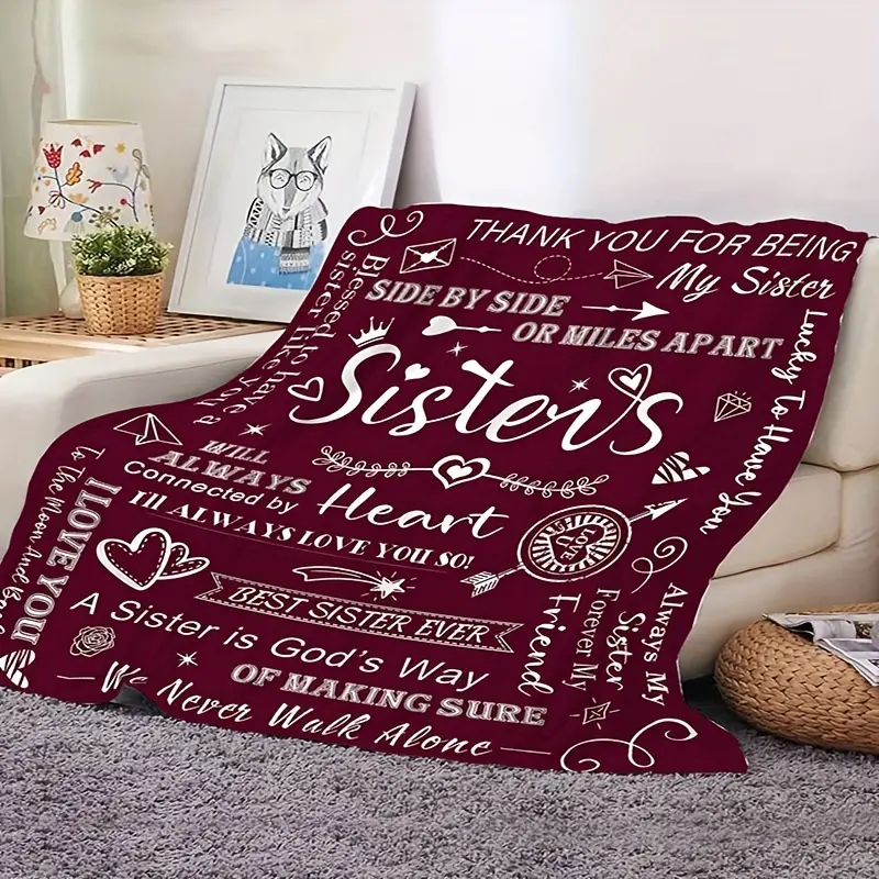 1Pc Heartfelt Sister'S Gift - Soft & Cozy Maroon Flannel Throw Blanket With Inspirational Messages, Reversible Design For All Seasons - Ideal For Couch, Bed, Office, Or Camping - Perfect Birthday Or Christmas Present, Christmas Blanket