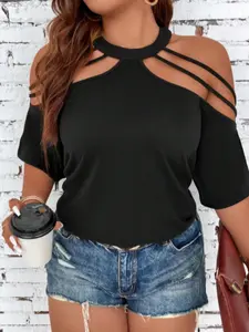 Plus Size Solid Cut Out Cold Shoulder Round Neck Tee, Casual Fashion Half Sleeve T-shirt for Summer, Summer Clothes, Ladies Clothes for Dating Daily Wear