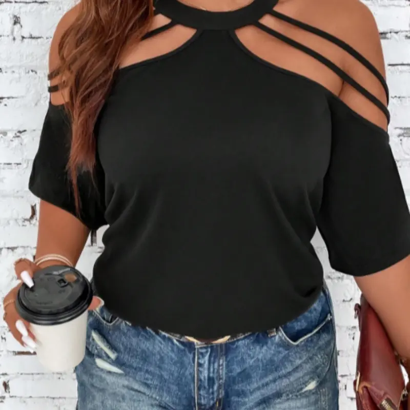 Plus Size Solid Cut Out Cold Shoulder Round Neck Tee, Casual Fashion Half Sleeve T-shirt for Summer, Summer Clothes, Ladies Clothes for Dating Daily Wear