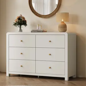 RoyalCraft L 6 Drawer Dresser, 47'' Modern Chest of Drawers with Rounded Table Corners, Wide Wooden Closet Dresser with Ample Storage Space for Bedroom, Living Room, Entryway, White