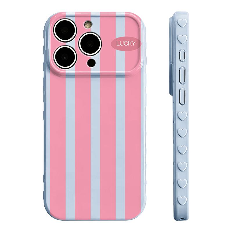 Color Block Stripe Lucky Slogan Phone Case - Premium Glossy Soft TPU-PC Composite Protective Cellphone Casing, Fingerprint Proof Soft Cover with Silky Non-Slip Skin-Friendly Surface, Side Embossed Heart Phone Decoration