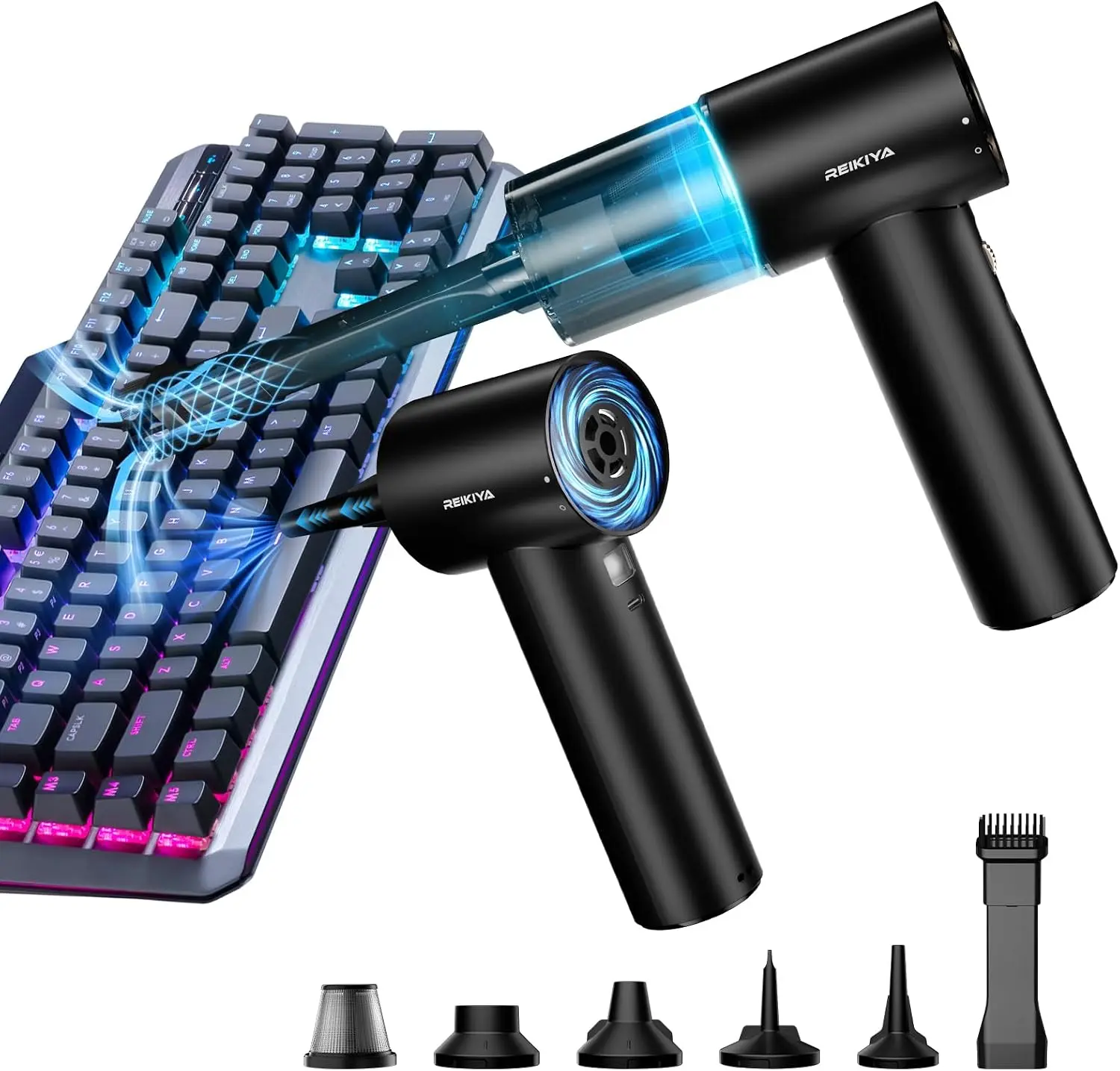 REIKIYA 150000RPM Compressed Air Duster & 18000Pa Cordless Car Vacuum Cleaner with LED Light for  Computer Home Office