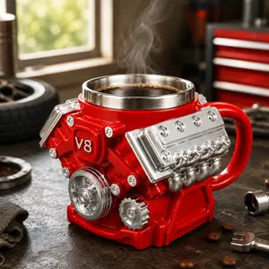10oz Sturdy Stainless Steel Coffee Cup - Personalized Handcrafted V8 Engine Design, Reusable Drinkware for Coffee, Tea, Drink, Unique Birthday Gift for Car Enthusiasts (Ideal for Father's Day Parties)