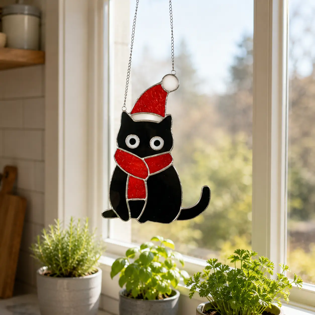 CraftNameSign Christmas Black Cat Stained Glass Suncatcher, Santa Hat Window Hanging, Holiday Cat Decor, Festive Home Ornament, Cat Lover Gift, Xmas Window Decoration, 8-20 Inches