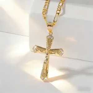 14K Gold Plated Jesus Crucifix Cross Pendant Necklace, 55cm Figaro Link Chain Catholic Religious Jewelry, Hypoallergenic Non Tarnish Daily Wear Faith Prayer Necklace for Men Women
