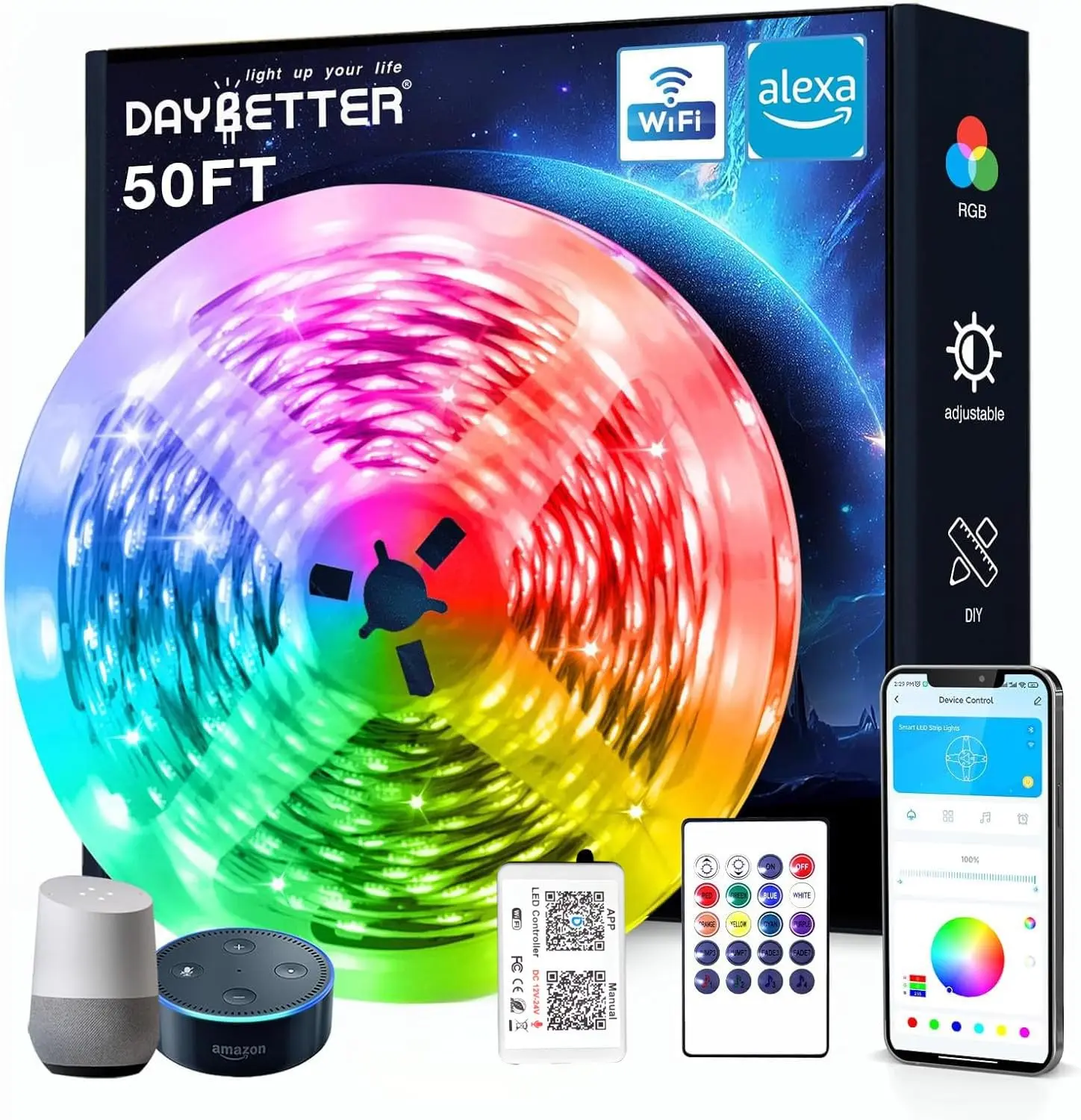 Smart WiFi Led Lights, 50 FT RGB Led Strip Lights Compatible with Alexa and Google Assistant, App Voice Remote Control Music Sync Color ChangingLED Strip Lighting for Bedroom Room Decor
