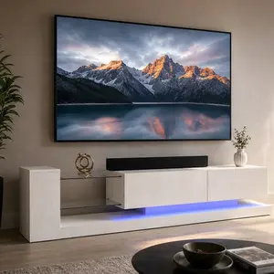 ARCH LED TV Stand for 55 65 75 Inch TV, Modern Entertainment Center with Power Outlet, White Particle Board Console Table for Living Room, Bedroom, Gaming Room, 2 Doors & Glass Shelves, Multiple Color Options, Particle Board Material, Watch Party