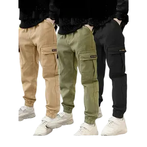 3pcs Children Cargo Pants Boys Tactical Long Pants Casual All Season Non Stretch Solid Color with Pockets Elastic Waist Loose Fit Kids Autumn Collection Suitable Outdoor Wear Perfect Outdoor Pants