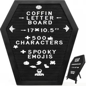 Gothic Coffin Letter Board with Horror Emojis, 550 Characters, Wooden Frame 17x10.5 Inches, Halloween Decor, Witchcraft Sign