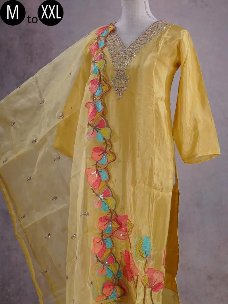 Yellow Shimmer Salwar with Organza Dupatta For Women Haldi Party Indian Outfit Kurthi Girls Festival Embroidered Kurthi For Bride Wedding