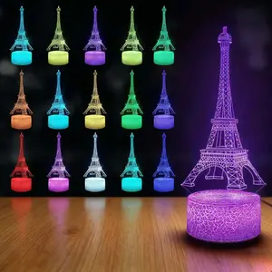 Eiffel Tower 3D Night Light with Crackle Base 16-Colors Changing Remote Control Acrylic Optical Illusion Lamp, Paris Decor Table Desk Lamp, Birthday Christmas Gifts for Kids Boys Girls Friends