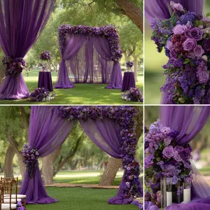 Two-piece set of elegant deep purple tulle for event parties, available in two sizes, perfect for creating romantic wedding ceremonies, spring-themed weddings, holiday party venue decorations, and banquet table runners, Overlay Table Cover