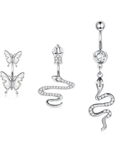 3 Pcs Surgical Steel Belly Button Rings Butterfly Snake Belly Button Rings CZ Crystal Navel Rings for Women Beach 14G Body Jewelry