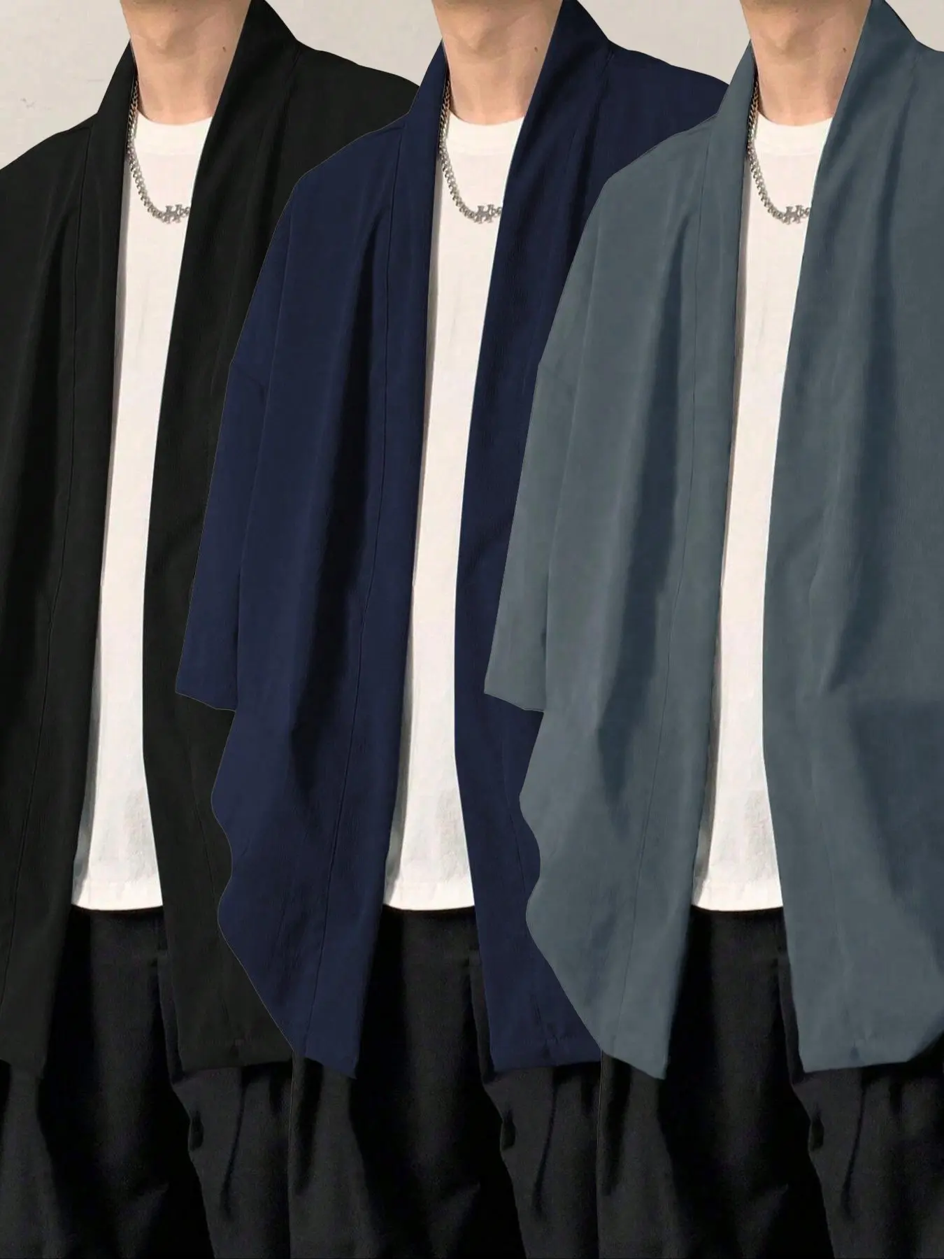 Men's Open Front Cardigan Jacket Japanese Kimono Style Casual Buttonless Breathable Fabric Loose Fit Medium Length /dark Blue/dark Knit Cardigans